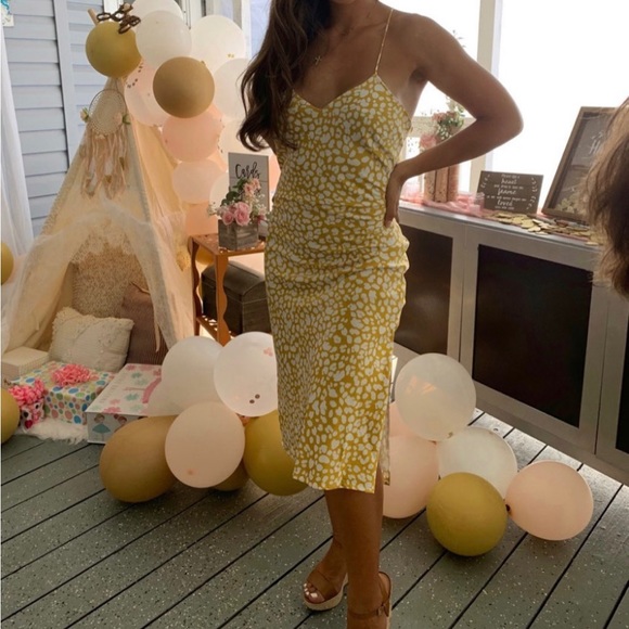 Lulus Dresses & Skirts - Calling my spirit mustard yellow print satin midi dress